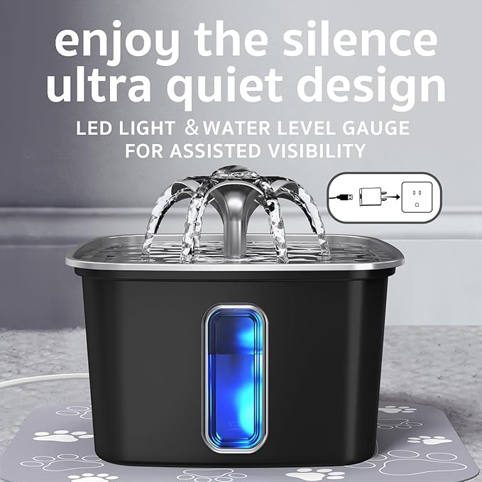 Veken Innovation Award Winner Stainless Steel Cat Water Fountain, 108oz/3.2L Automatic Pet Fountain Dog Water Dispenser with Replacement Filters & Silicone Mat for Cats, Dogs (Space Black)