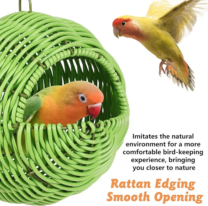 BNOSDM Rattan Parrot Nesting House Bird Nest Parakeet Hanging Swing Soft Lovebird Warm Bed Sleeping for Parrots Bird Cage Accessories for Cockatiels Budgerigars Finches Canaries (Green)