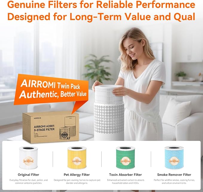 AIRROMI Air Purifier for Bedroom with HEPA 3-in-1 Filter, Pet Air Purifier for Home Cat Pee Smell, Covers Upto 990 Ft², Quiet 360° intake Air Cleaner for pet hair,allergies,Dust,Smoke A2001 White