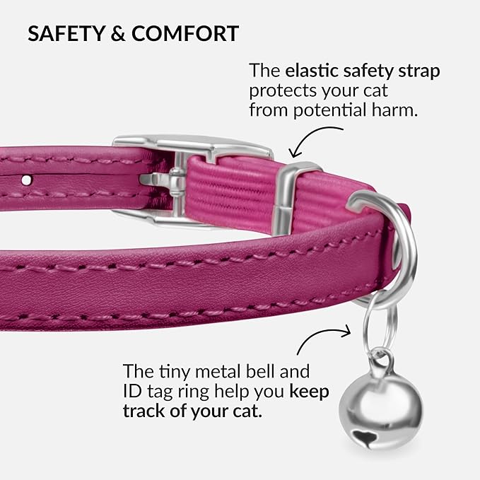 CollarDirect Leather Cat Collar with Bell - Kitten Collar, Small and Big Cat Collar for Boy Cats, Girl Cats with Safety Elastic Strap (Neck Fit 6"-7", Pink)