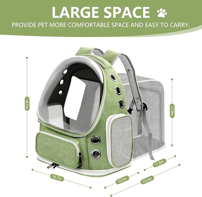 Expandable Cat Backpack Carrier, Breathable Cat Bubble Backpack for Kitty & Small Dog up to 18lbs, Large Space Cat Carrier Backpack, Foldable Airline Approved Carrier for Travel (Green)