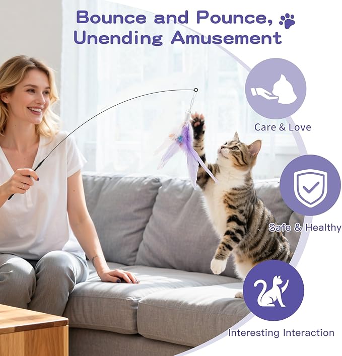 Pawaboo Feather Teaser Cat Toy, Interactive Feather Wand Cats Toy Flying Feathers Cat Catcher with Extra Long 34.5" Wand and Small Bell, Exerciser Playing Toys for Kitten or Cats, Purple