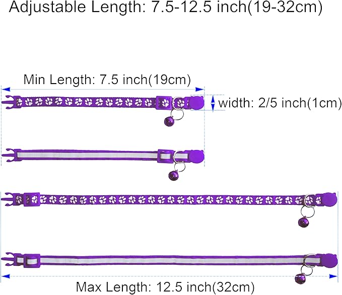 2 Pack Breakaway Cat Collars with Bells, Reflective Design and Claw Print Design, Safety Buckle, Adjustable 7.5-12.5 Inches for Kittens & Cats (Purple)