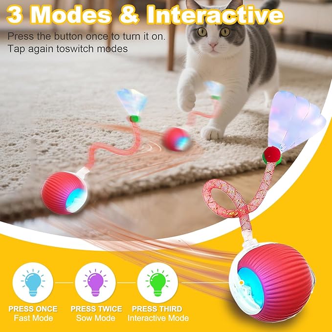 3-Pack Interactive Cat Toys Ball for indoor Cats＆Dog,Automatic Cat Toy with Smart Obstacle Avoidance Ball with Elastic Mesh Tail,8 Cat Spiral Spring,Cat Enrichment Toys for Indoor Cats(RedYellowBlue)