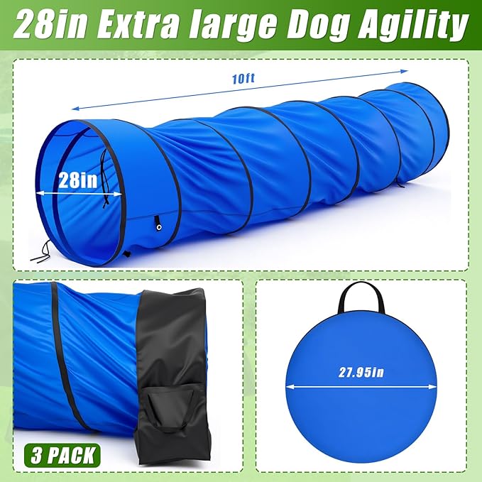 28 in 10 Foot Blue Extra Large Dog Agility Tunnel with Sandbags Dogs Agility Training Equipment Tunnel with 3 Pack Sandbags Carry Bag and 4 Ground Spikes for All Medium and Large Dogs