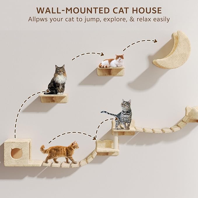 13-in-1 Cat Wall Shelves, Wall Mounted Cats Furniture Set with Plush Fabric, Cat Climbing Wall Systems, Cats Shelf with Moon Hammock, Condo, House, Step, Bridge Ladder, Scratching Post, Beige
