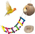 PINVNBY Hanging Coconut Bird Nest Hut with Ladder, Natural Coconut Hide Lovebird House and Colored Bead String Bird Swing for Parakeet Cockatiel Budgie Conure Canary Finch Budgies (With Coconut Fiber)