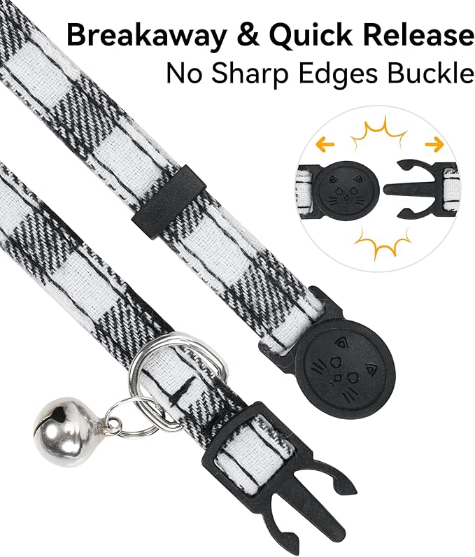 Joytale Upgraded Cat Collar with Bells, Breakaway Cat Collars with Bow Tie, 1 Pack Girl Boy Safety Plaid Kitten Collars, Black