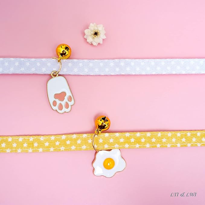 2 Pack Star Cotton Breakaway Cat Collars with Bell Egg Cat Paw Pendant Kitty Kitten Collars Yellow Purple Collar for Female Girl Cats Male Boy Cats