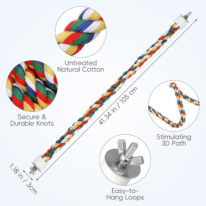 iplusmile Bird Rope Perch Swing & Climbing Toy - 40-Inch Extra Long Soft Spiral Colorful Cotton Rope for Parrots Cockatiels Parakeets Budgie Cage Accessories