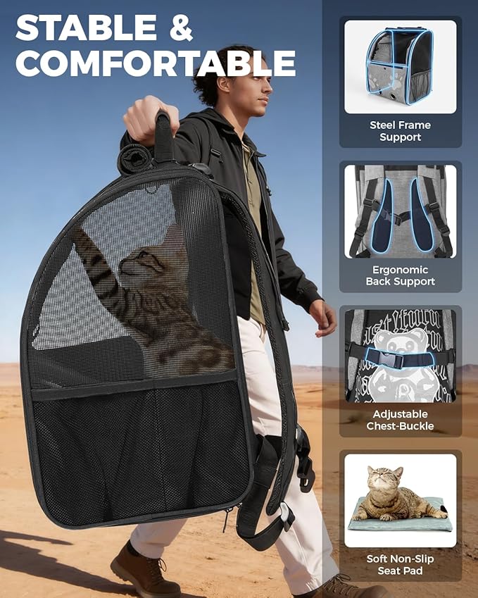 Cat Carrier Backpacks for Kitty Small Dog up to 15 lbs, Lightweight and Foldable Dog Backpack Carrier with Breathable mesh for Travel, Walking, Hiking, Camping and Vet (Black)