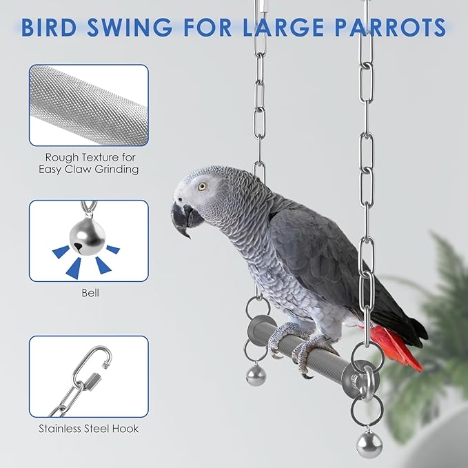 Stainless Steel Large Bird Swing, Hanging Heavy Duty Parrot Swings Perches Stand Toys with Bell, Claw Grinding Birdcage Accessories for Macaw Afican Grey Amazon Cockatoo