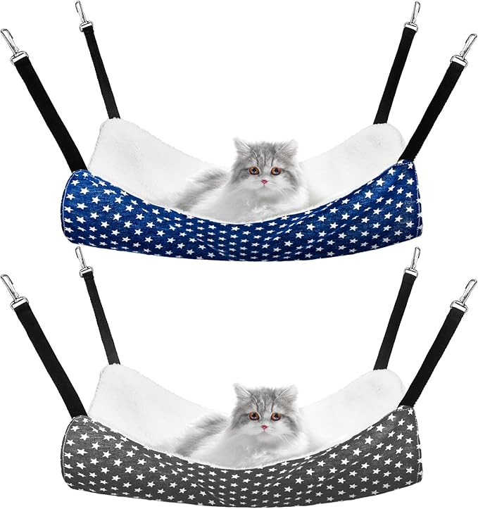 Jetec 2 Pack Cat Hammock for Cage, Catio Accessories Reversible Soft Cats Bed with Adjustable Straps and Hooks Double-Sided Linen and Fleece Hanging Hammock for Cats, Kitten(Pentagram,M)