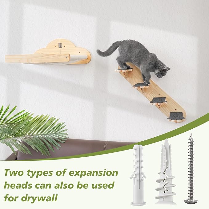 Wall Mounted Cat Hammock with 3 Climbing Steps,Pine Wood Cat Climbing Shelves & Perches up to 30lbs,Kitty Wall Shelf Furniture for Indoor Sleeping, Lounging,Climbing and Playing