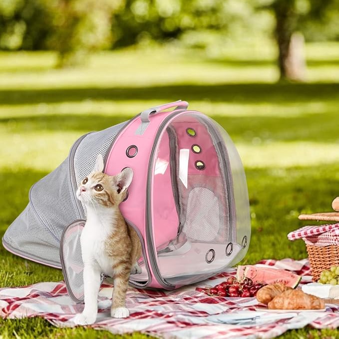 Cat Backpack Carrier Back Expandable Bubble Pet Carrier Backpack for Large Cat, Kitten and Dog, Designed for Hiking, Travelling and Outdoor Use (Back Expandable-Pink)