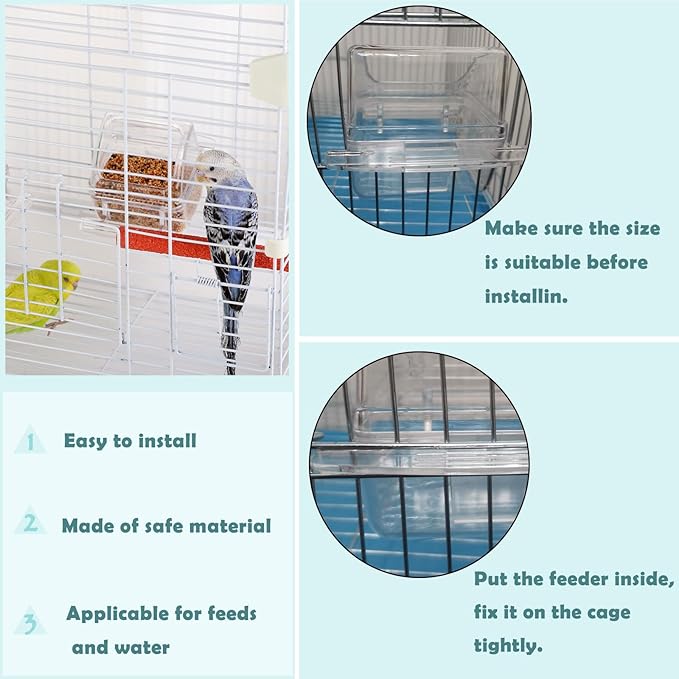 IBWell 2 Pack Bird Water Bowl Clear Bird Food Container Bird Cage Feeder No Mess Bird Feeder for Cage Parakeet Feeder with Perch, white