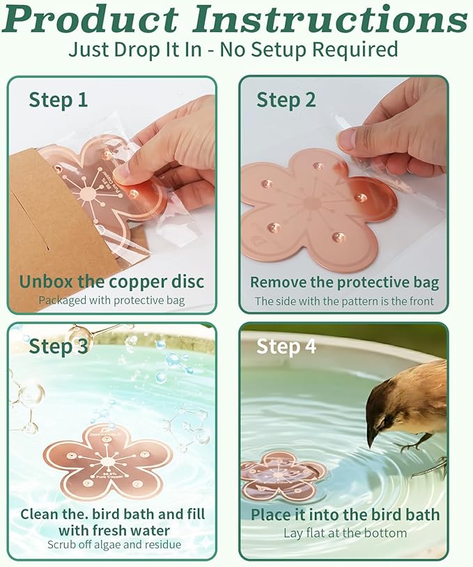 Bird Bath Copper Disk, 99.9% Pure Copper Disk, 5-Point Support, Solar Fountain Compatible, All-Season Safe Cleaner for Copper Plate/Disc, Garden/Yard/Patio Bird Lovers