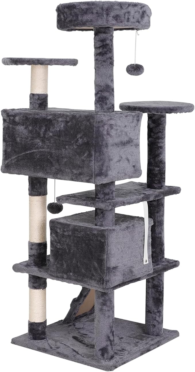 54-inch Cat Tree with Sisal-Covered Scratching Posts, Sturdy Standing Cat Tower for Indoor Kittens, Multi-Level Platforms, Perches, Condo and Hanging Ball for Cats to Play and Sleep