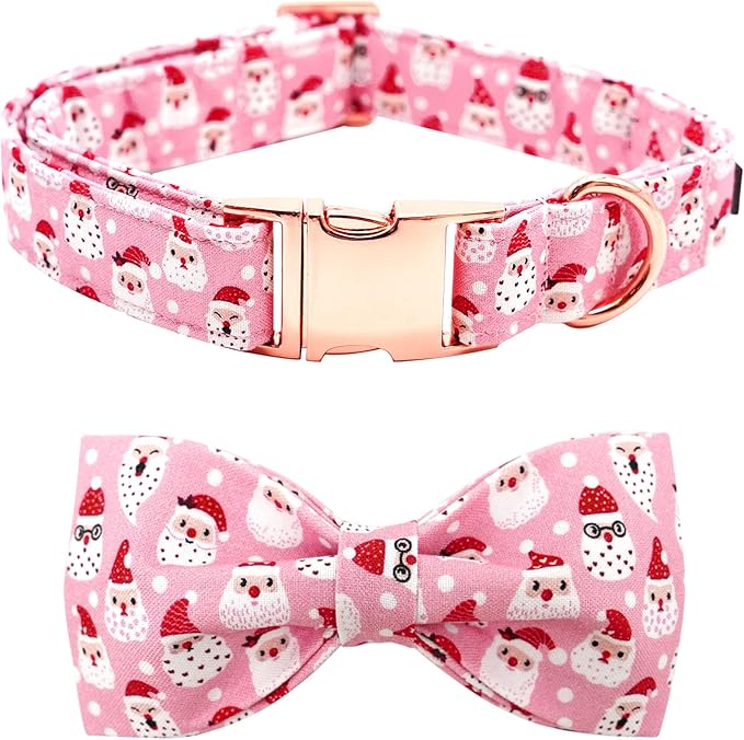 Dog Collar, Christmas Pink Santa Claus Cotton Pet Collar Bow Holiday Girl Boy Cute Puppy Collar Adjustable Pet Collar for X-Large Dogs