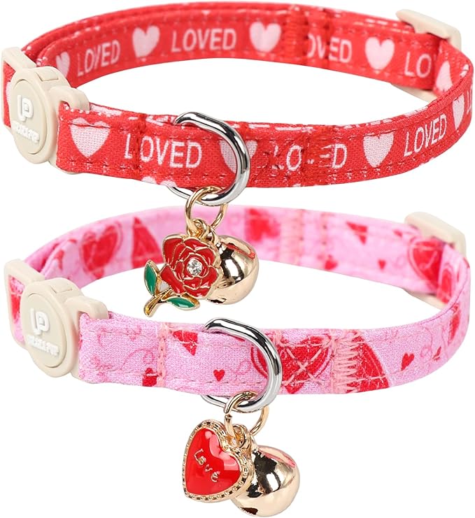 Cat Collar, 2 Pack Cat Collars Cute Breakaway Kitty Collar with Bell, Valentine's Day Kitten Collars Pink Hearts with Safety Buckle for Girl and Boy Cats