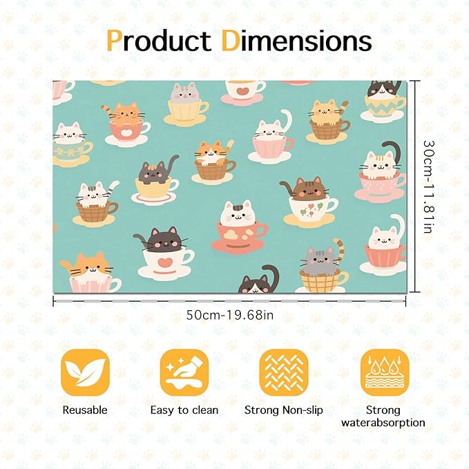 Cat Feedings Mats 20x12 inch Teacup Cat Print Pet Bowl Placemat Non Slip Mat for Cats Food and Water Indoor Kitty Feeding Station Cute Cats Meal Mat for Small Pets Kitchen Floor Use