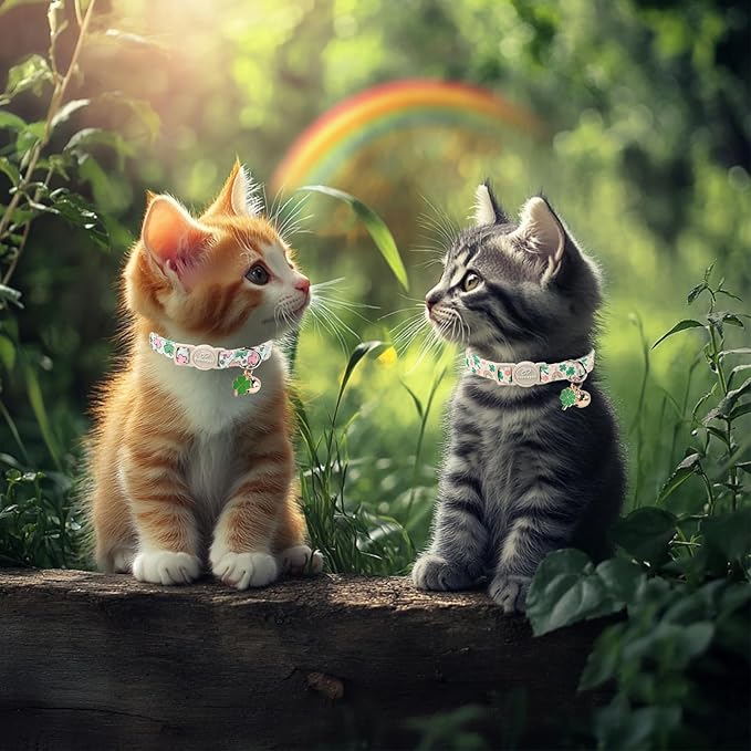 2 Pack St. Patrick’s Day Cat Collars - Breakaway Cat Collar with Bell, Green Lucky Clover Pendant, Adjustable Cute Pastel Rainbow Shamrock Kitten Collars for Boy Girl Cats