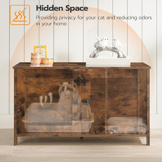 HOOBRO Litter Box Enclosure, Cat Litter Box Furniture with Removable Divider, Large Hidden Litter Box Furniture, Wooden Cat House, End Side Table, 31" L x 17.5" W x 19.7" H Rustic Brown BF03MW01G2