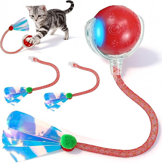 Rocfish Interactive Cat Toy for Indoor Cat, Smart Automatic Cat Chase Ball Toy (Red-N)