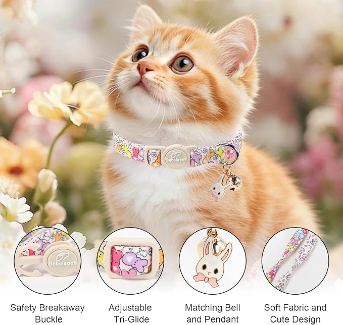 2 Pack Easter Cat Collars - Pastel Bunny&Egg Print Breakaway Easter Cat Collar with Bell & Bunny Pendant, Adjustable Cute Spring Holiday Kitten Collars for Boy Girl Cats