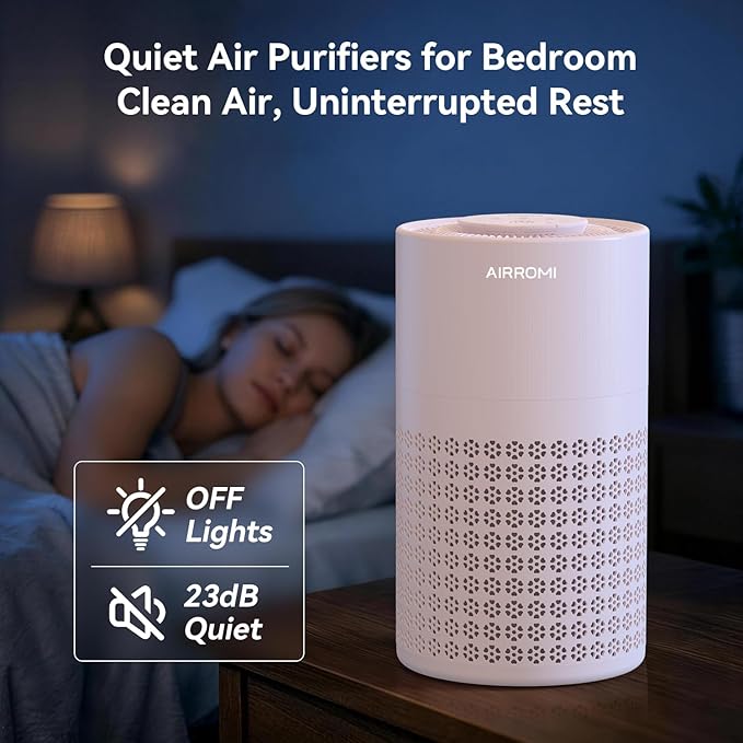 AIRROMI Air Purifier for Bedroom with HEPA 3-in-1 Filter, Pet Air Purifier for Home Cat Pee Smell, Covers Upto 990 Ft², Quiet 360° intake Air Cleaner for pet hair,allergies,Dust,Smoke A2001 Pink