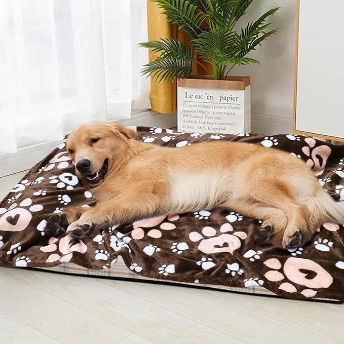 Dog Blanket, Soft Fleece Dog Blankets for Medium Large Dogs, Fluffy Flannel Pet Cat Puppy Blanket Cover for Bed Couch, Cute Paw Print Throw Blanket for Dogs, Brown, 60"X50"