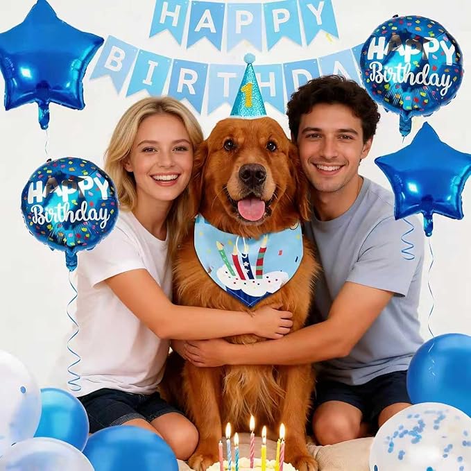 Dog & Cat Birthday Party Decorations Set Include Bandana, Adjustable Hat, Balloons, Happy Birthday Banner for Male and Female. Available for Small & Medium & Large Breeds (Blue)