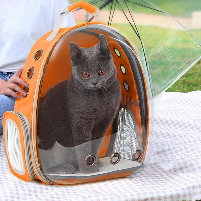 Cat Backpack Carrier Back Expandable Bubble Pet Carrier Backpack for Large Cat, Kitten and Dog, Designed for Hiking, Travelling and Outdoor Use (Back Expandable-Orange)