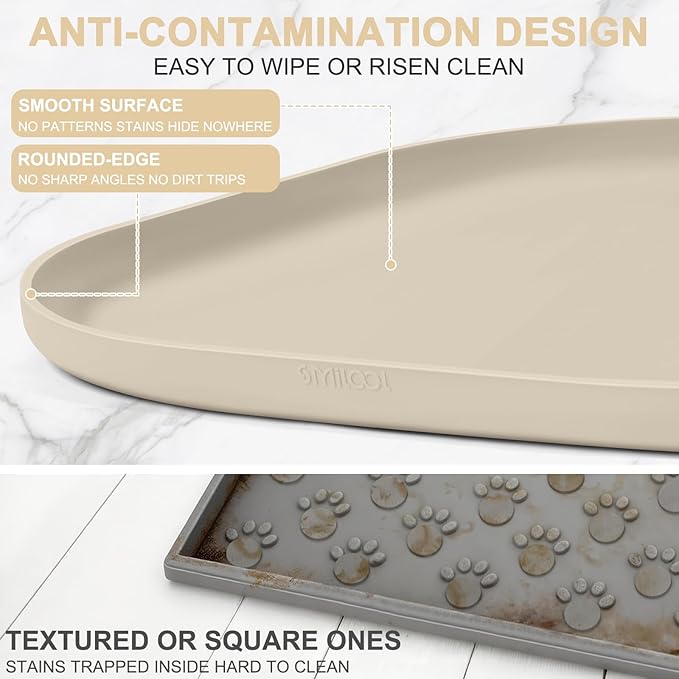 Silicone Pet Food Mat with Raised Edge for Food and Water Bowl, Dog Feeding Mats, Cat Food Trays for Floor Waterproof, Rubber Tray for Dogs and Cats, 19 x 12 x 0.7 Beige