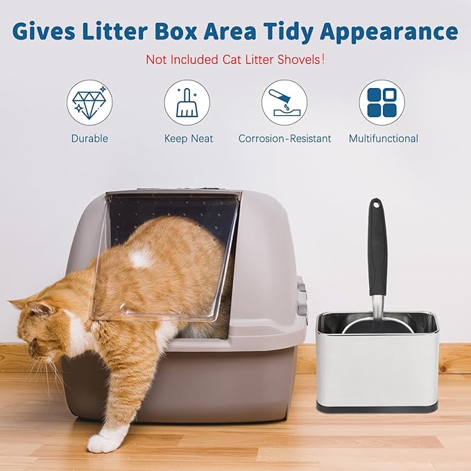 FHTONGE Stainless Steel Cat Litter Scoop Holder, Detachable Metal Cat Scooper Caddy, Universal Kitty Pooper Stand Trash Can Container for Most Pet Poop Shovels, Kitten Waste Scoops Storage Box
