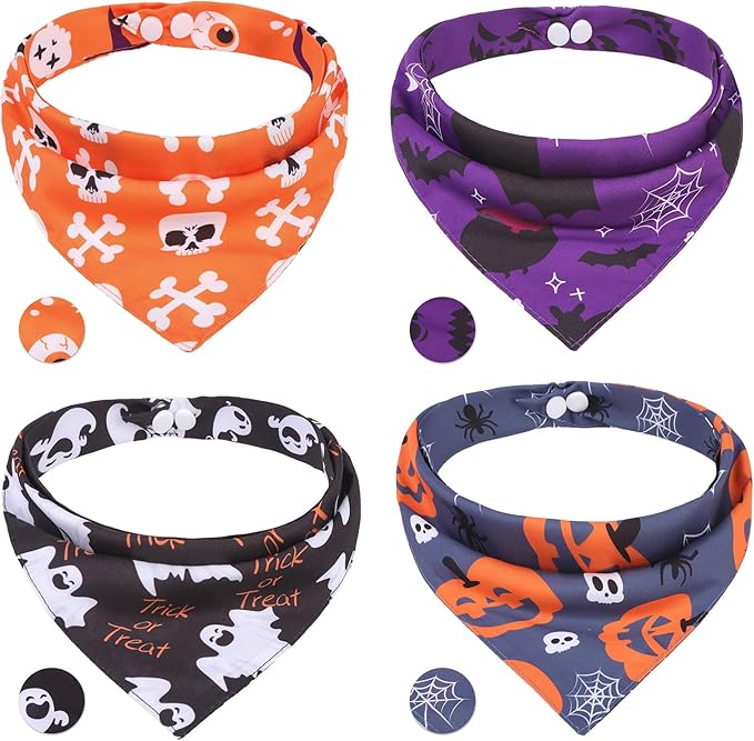 PAWCHIE Dog Halloween Bandanas 4 Pack, Reversible Pumpkin Dogs Scarf Bibs, Dog Holiday Costume Set with Two Adjustable Snaps, Multiple Halloween-Themed Patterns for Dogs Puppy, Cats, Pets