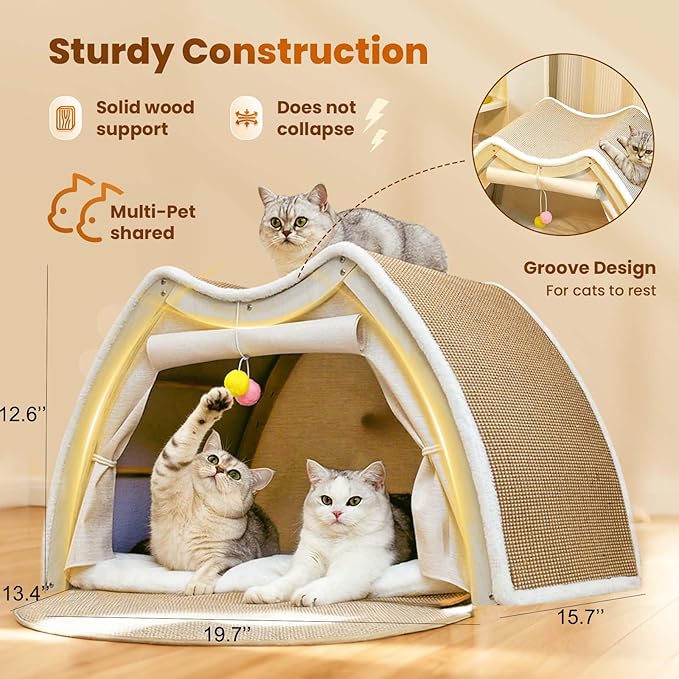 Cat Houses for Indoor Cats - 4 Seasons Cat Bed Cave with Natural Sisal Cat Scratcher Mat, Solid Wood Frame Cat House with Curtains and Cat Floor Scratching Pad Rug, Protect Couch and Carpets, M