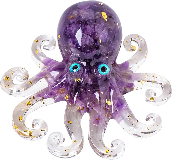 Octopus Decor Aquarium Amethyst Gravel Decorative Resin Glass with Natural Crystal Stone Marine Animals Fish Tank Ornaments Statue Healing Home Decor Ladies Gift 3.93"
