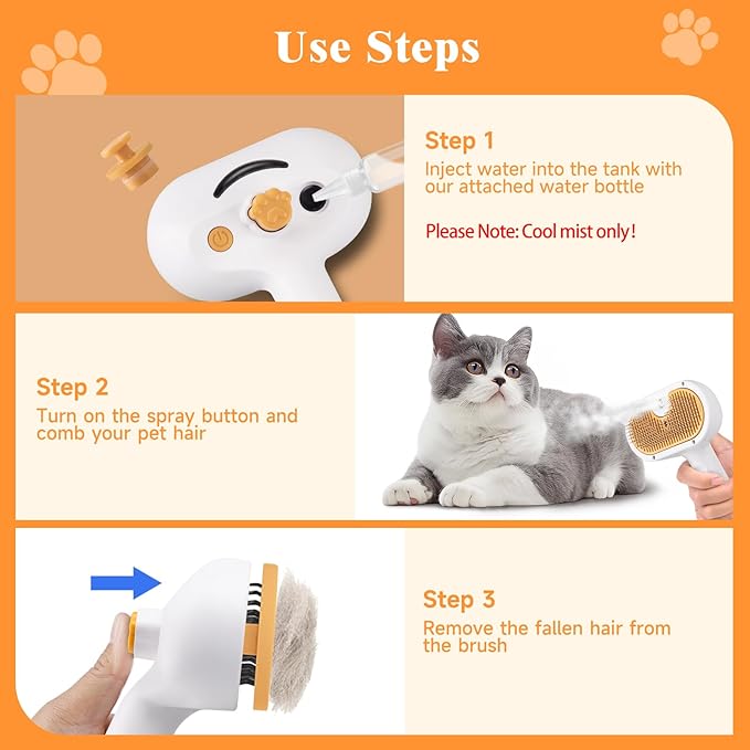 Pet Steam Brush for Dog & Cat – shower bath brush – Steam for Shedding & Grooming Water Brush for Long & Short Haired Pets Spritz Defur Comb 3-in-1 Spray Hair Removal Comb