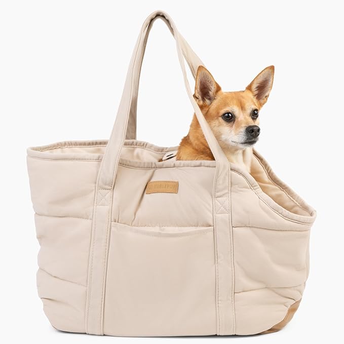 NoblePup Plush Dog Purse Carrier for Small Dogs, Soft Tote Bag with Safety Harness Clip, Cozy Pet Carrier for Dogs Under 15 lbs, Comfortable Dog Shoulder Carrier for Travel, White 2.0