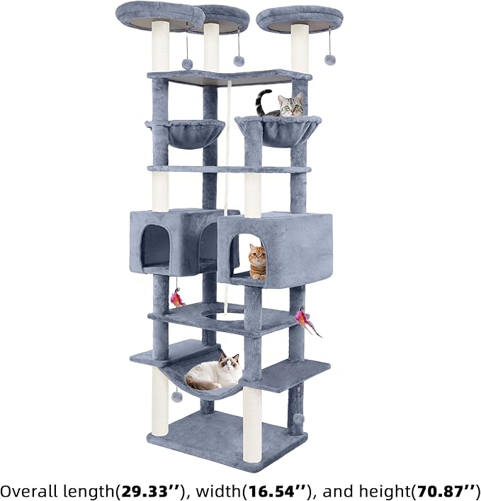 71in Multifunctional Multi-Level Cat Tree Tower for Indoor Cats,Cat Tree with Hammock,2 Condos,2 Hanging Baskets,2 Feather Toys,3 Perches,5 Hanging Balls,7 Scratching Posts,Grey