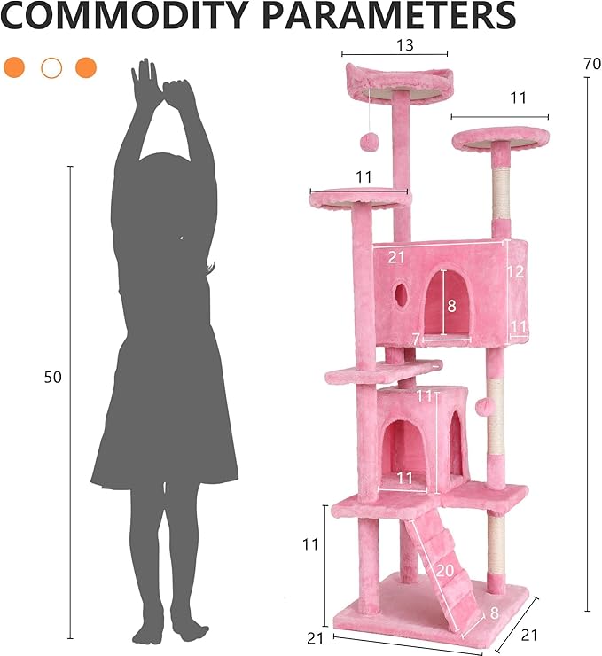 70 Inch Pink Cat Tree, Tall Cat Tower with 2 Condos, 3 Scratching Posts, Multi-Level Platforms - Sturdy Climbing Structure Tall Cat Tower for Indoor Cats