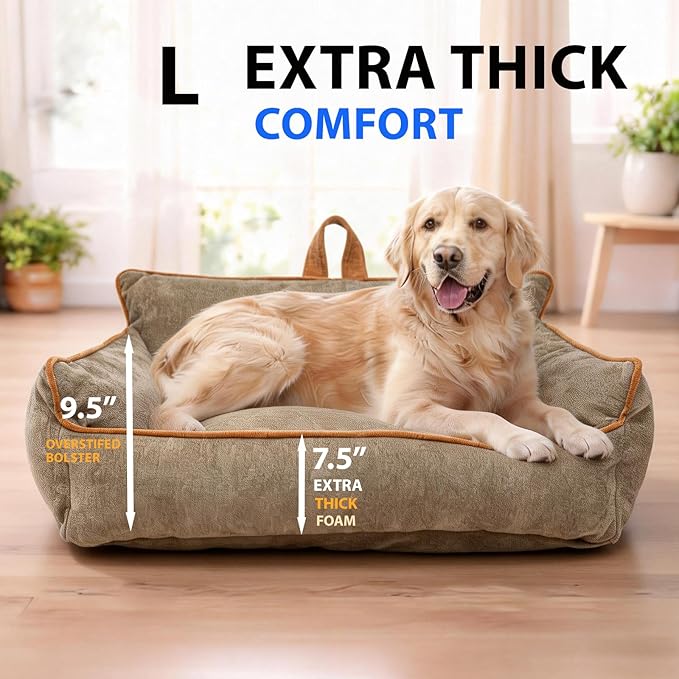 Orthopedic Dog Bed with Memory Foam, Washable Plush Pet Bed for Small, Medium & Large Dogs, Cozy Bolster Crate Dog Bed for Joint Support & Comfort.(Brown)