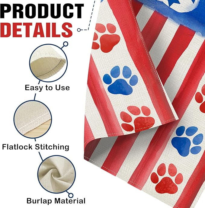 Dyrenson 4th of July Dog Cat Paw Prints Decorative Garden Flag, Patriotic America Watercolor Yard Outside Home Decorations Pet Lover Gift, American USA Burlap Outdoor Small Decor Double Sided 12 x 18