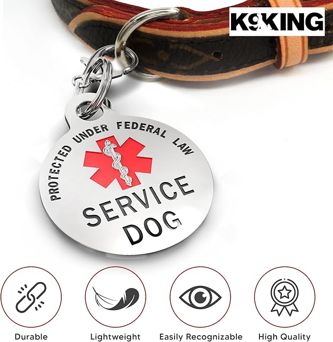 Service Dog TAG Small Breed Premium Double Sided Identification .999 Inch Engraved - Bold Protected Under Federal Law With Medical Alert Symbol - Easily Attach to Collar, Harness and Service Vest
