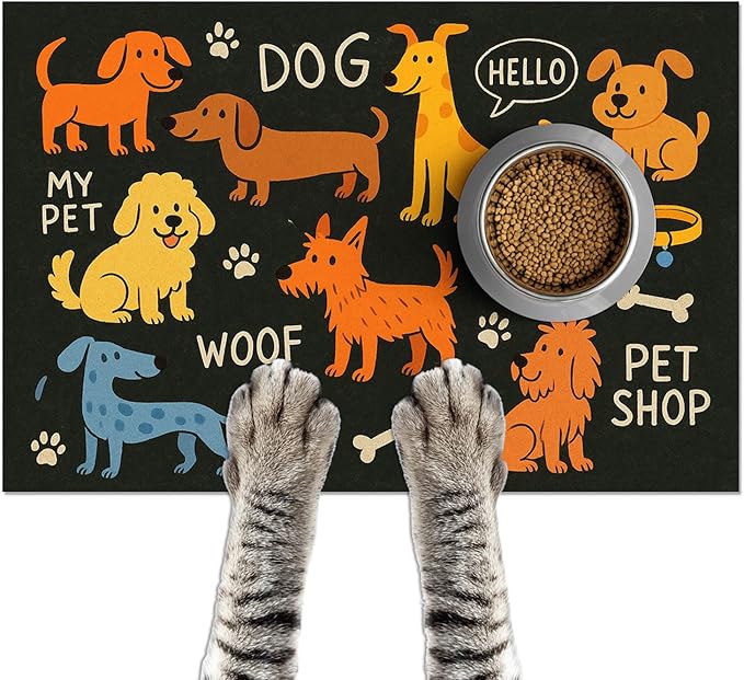 Cute Happy Dog Food Mat for Cat Food Mat Food and Water Bowl Pet Feeding Bowl Mats for Pet Feeding Areas Easy Clean Fast Dry Small Cats and Dogs Feedings Mats 24" x 16"