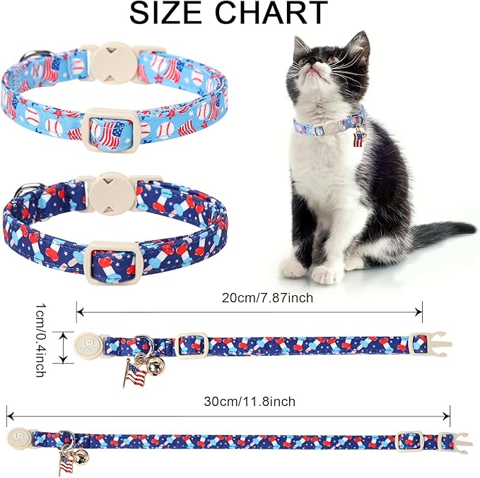 4th 0f July Cat Collar,2Pack Patriotic Day Kitten Collars Cute Flag Breakaway Kitty Collars,Summer Baseball Blue Cat Collar with Bell, for Girl & Boy Cats