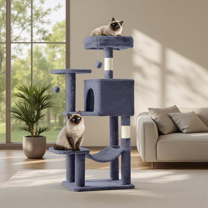 Sweetcrispy 44 Inch Cat Tree Tower, Cat Climbing Tower with Natural Sisal Scratching Posts, Hammock, Pet Condo for Indoor Cats and Kittens Play, Dark Grey