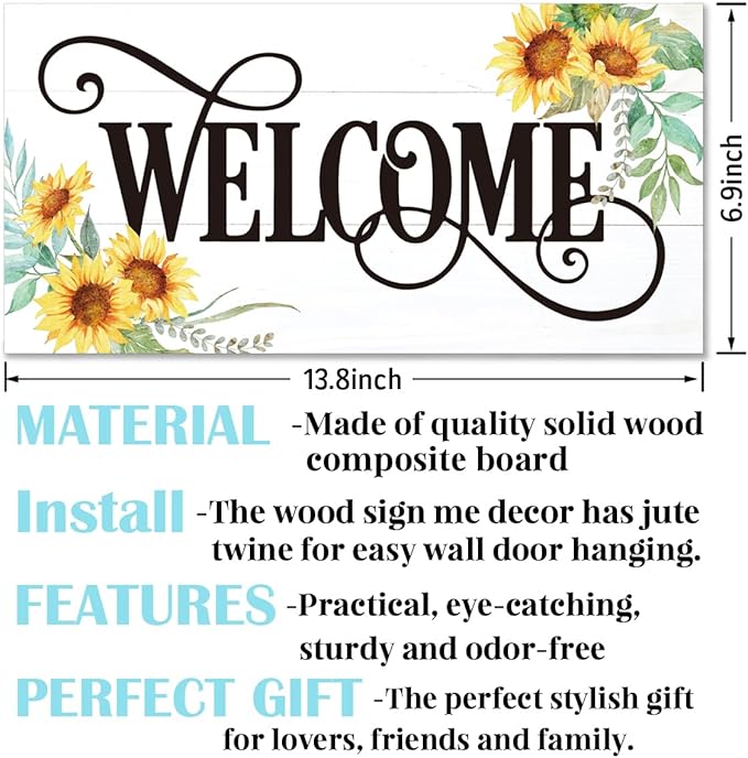 Welcome Sign for Front Door, Welcome Decor Wooden Hanging Sign for Wall Decor, Sunflower Pattern Signs, Rustic Funny Wooden Outdoor Front Door Hanging Decoration 13.8X6.9 inches