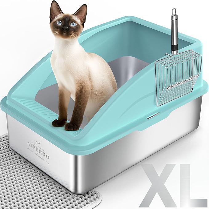 Stainless Steel Litter Box | XL Enclosed Cat Litter Boxs with Lid for Big Cats | High Sided, Anti-Urine Leakage | Non-Stick Bottom & Includes Litter Mat & Metal Scoop (Turquoise, X-Large)